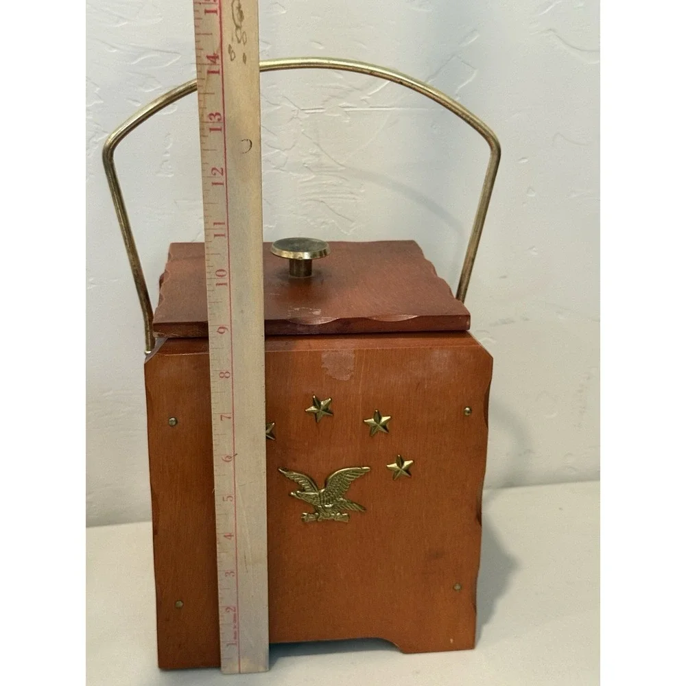 Vintage Wood Ice Bucket with Top Lid Wooden metal handle Eagle Stars Gold Accent
